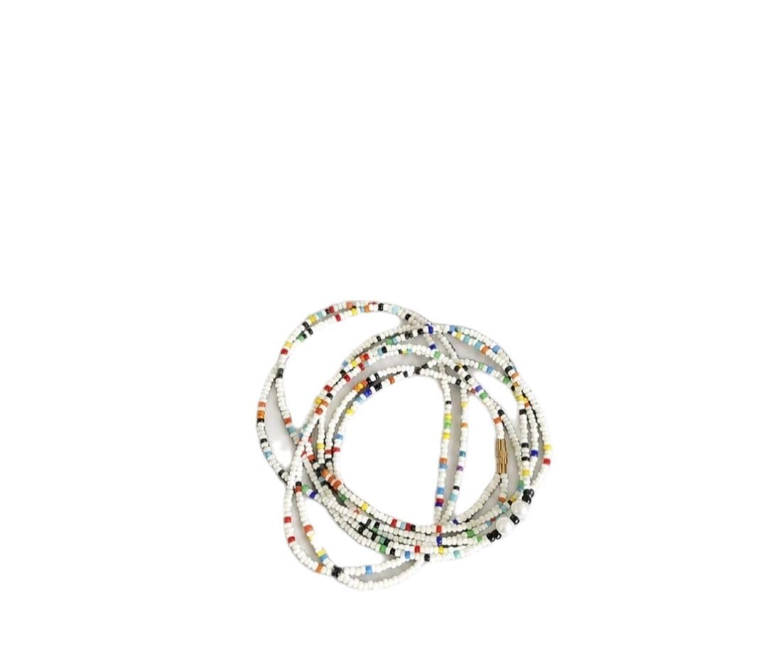 African Waist Beads, Turquoise Blue Seed Bead Belly Chain with Gold Tips and White Accent Beads (Black metallic sheen, One size fits most)
