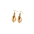 Cowrie Shell Dangle Earrings, Boho Style, Gold Tone Hook, Natural Shell Jewelry