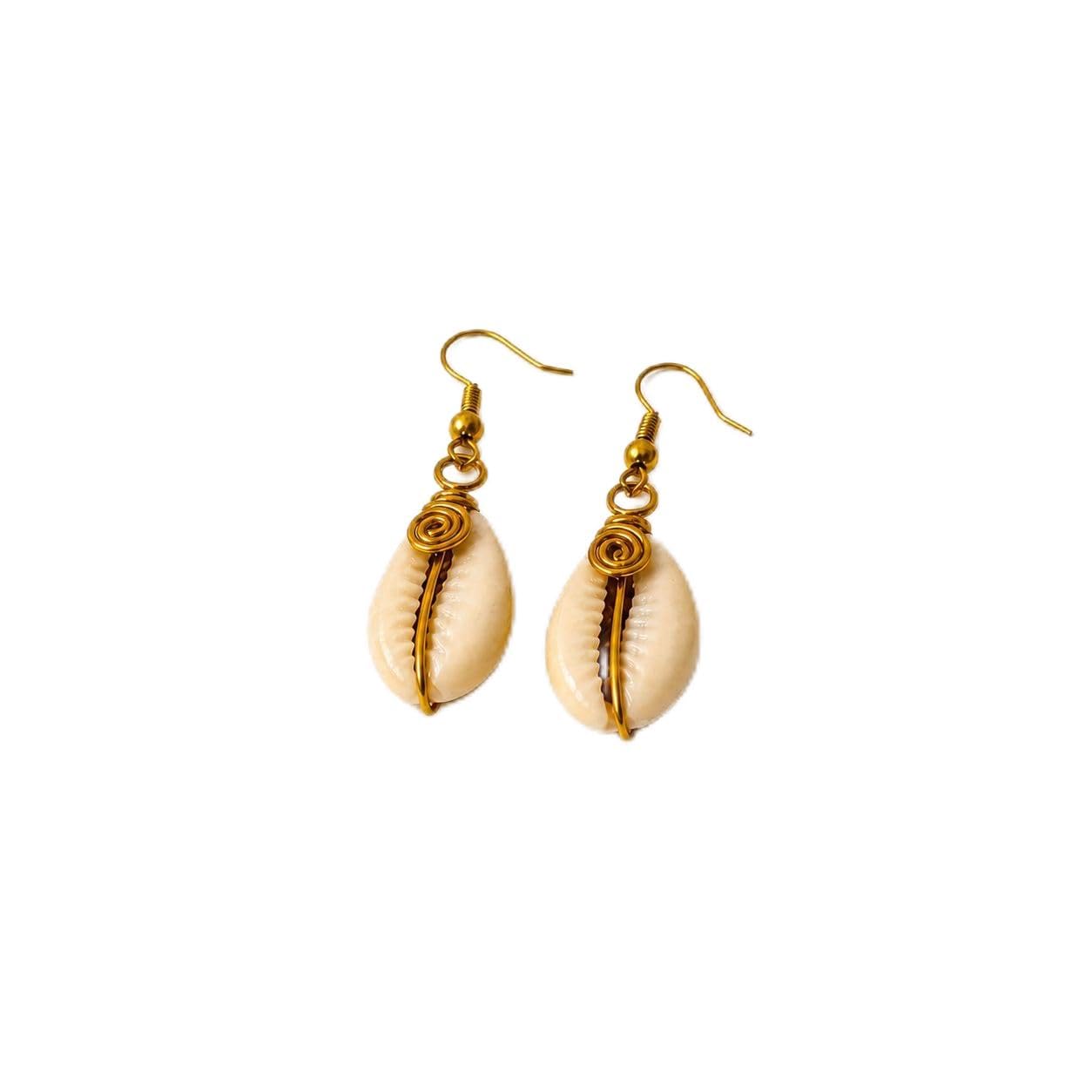 Cowrie Shell Dangle Earrings, Boho Style, Gold Tone Hook, Natural Shell Jewelry