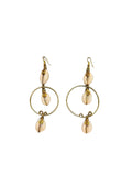 Cowrie Shell Hoop Earrings, Gold Tone with Beads, Boho Dangle Drop Style
