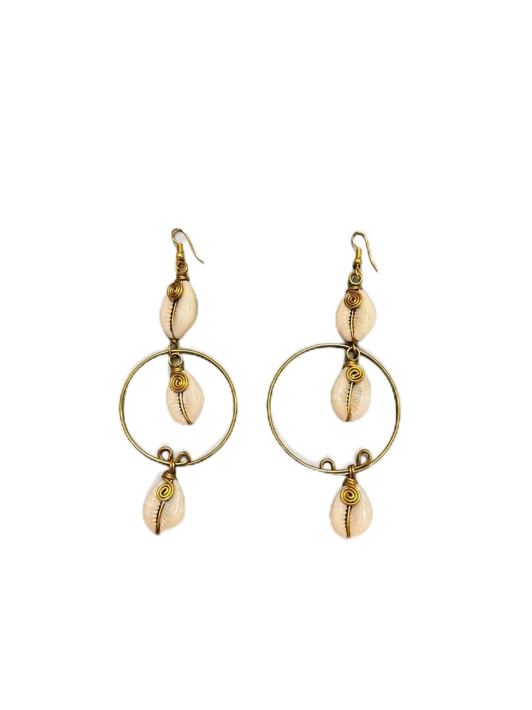 Cowrie Shell Hoop Earrings, Gold Tone with Beads, Boho Dangle Drop Style