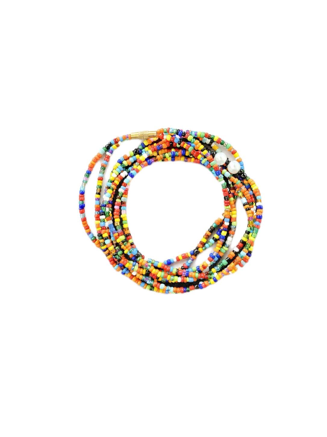 African Waist Beads, Turquoise Blue Seed Bead Belly Chain with Gold Tips and White Accent Beads (Black metallic sheen, One size fits most)