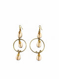 Cowrie Shell Dangle Earrings, Boho Hoop Style, Gold-Tone Wire Wrapped, Beach Jewelry