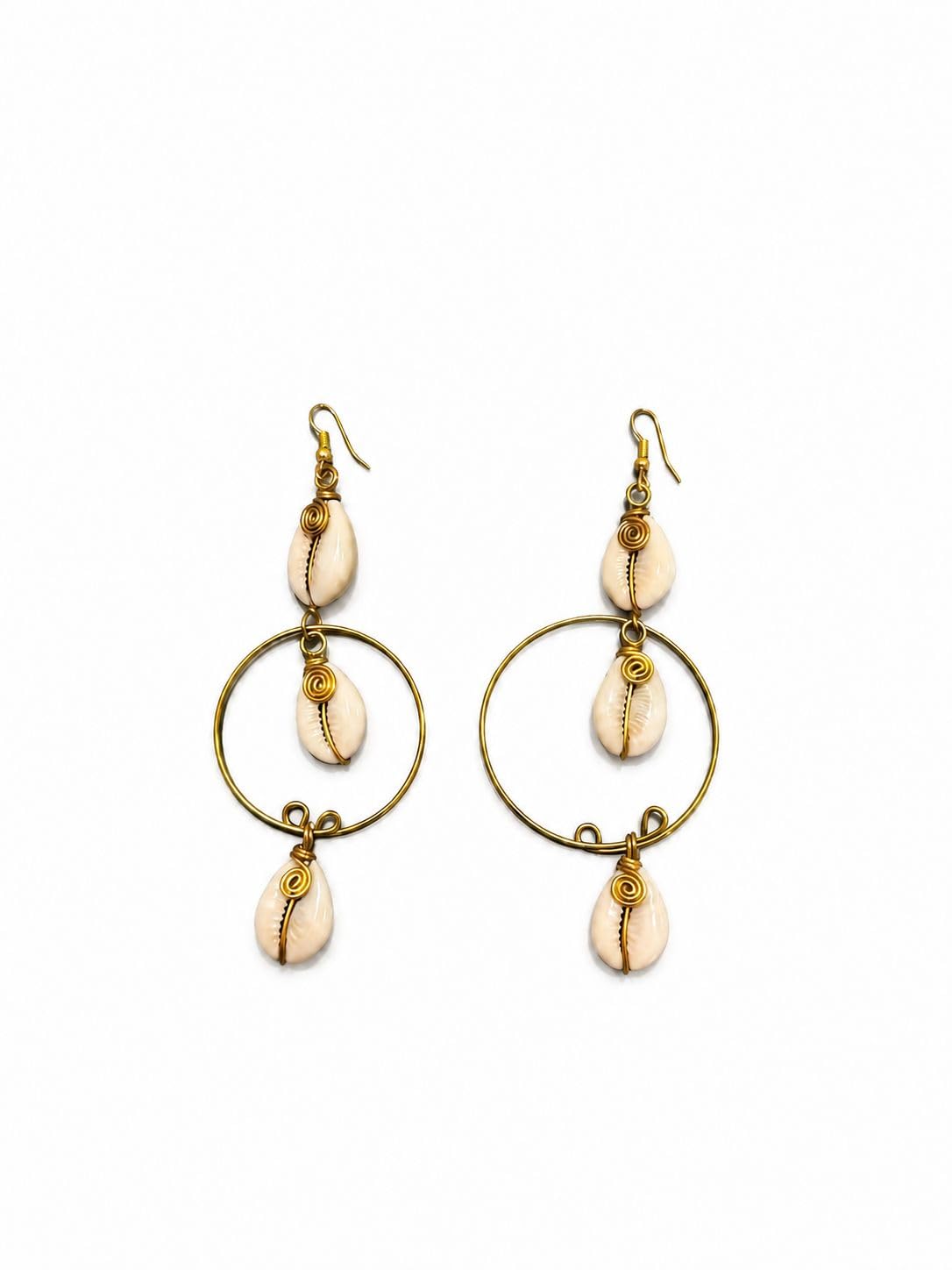 Cowrie Shell Dangle Earrings, Boho Hoop Style, Gold-Tone Wire Wrapped, Beach Jewelry