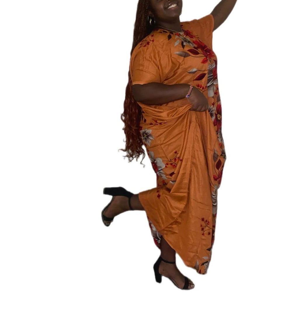 Women's Floral Print Maxi Dera Dress, Orange, Short Sleeve, Casual Long Dress, African Style