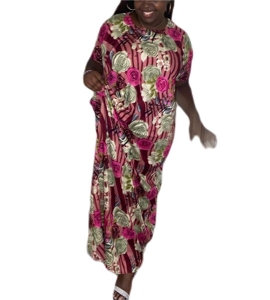 Women's Floral Print Maxi Dress, Pink Burgundy Green Rose Pattern, Short Sleeve, Casual Long Dress