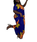 Women's Maxi Dress, Royal Blue with Orange Floral Print, Short Sleeve, Loose Fit, Casual Long Dress