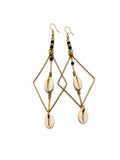 Cowrie Shell Dangle Earrings, Gold Diamond Shape with Beaded Accents