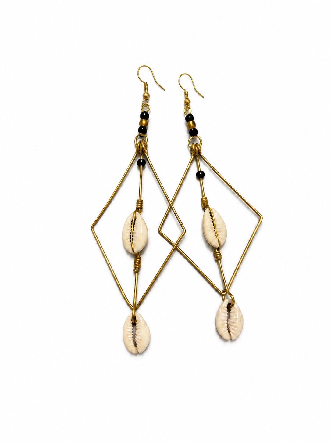 Cowrie Shell Dangle Earrings, Gold Diamond Shape with Beaded Accents