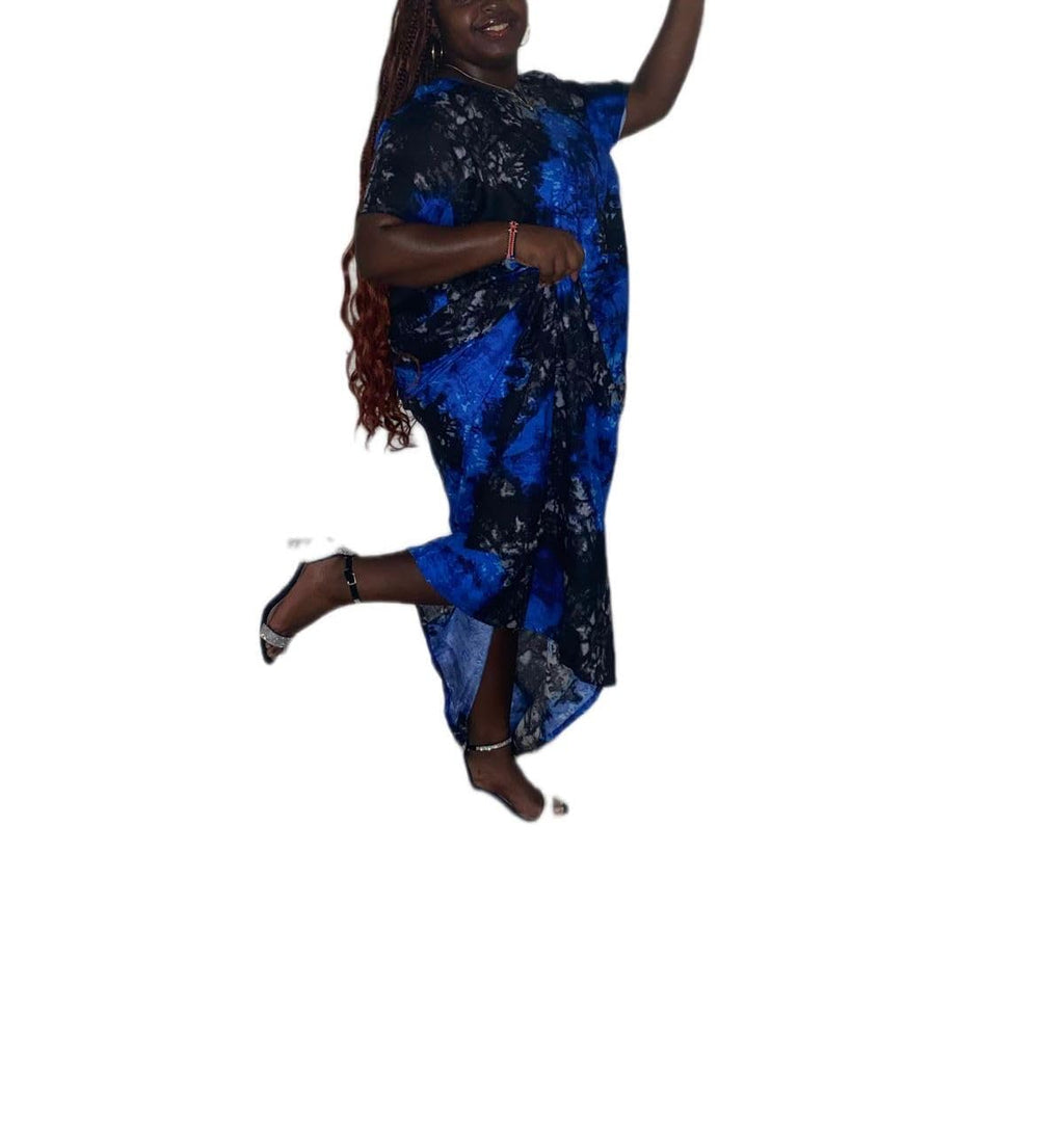 Women's African Dye Maxi Dera Dress, Blue Black Print, Short Sleeve, Loose Fit Dera Style