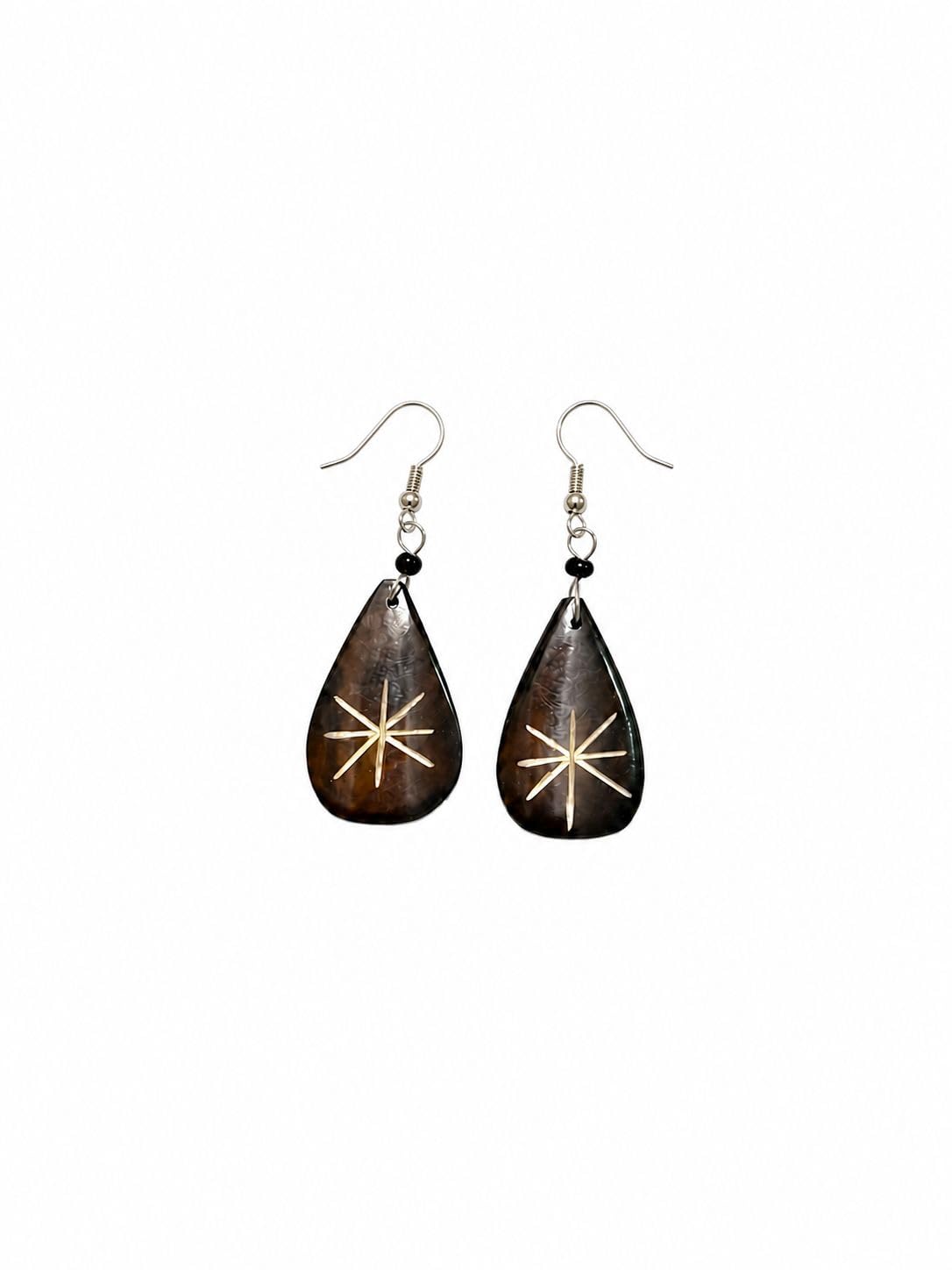 Teardrop Dangle Earrings with Star Engraving, Boho Drop Earrings, Cowrie Shell Style