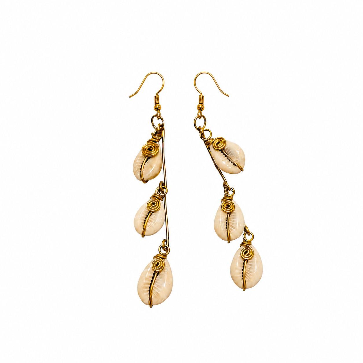 Boho Cowrie Shell Dangle Earrings, Gold Wire Wrapped Drop Earrings, Beach Style