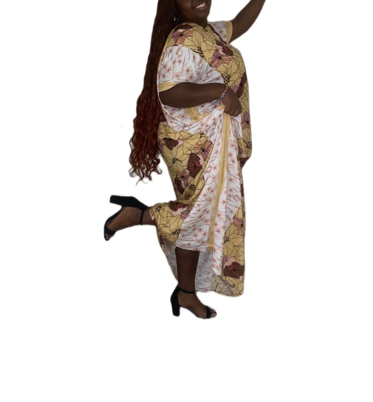 Women's Floral Print Maxi Dress, Yellow and Brown, Short Sleeve, Asymmetric Hem, Mixed Pattern Design