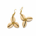 Boho Dangle Drop Earrings with Cowrie Shell and African Bead, Gold Wire Wrapped