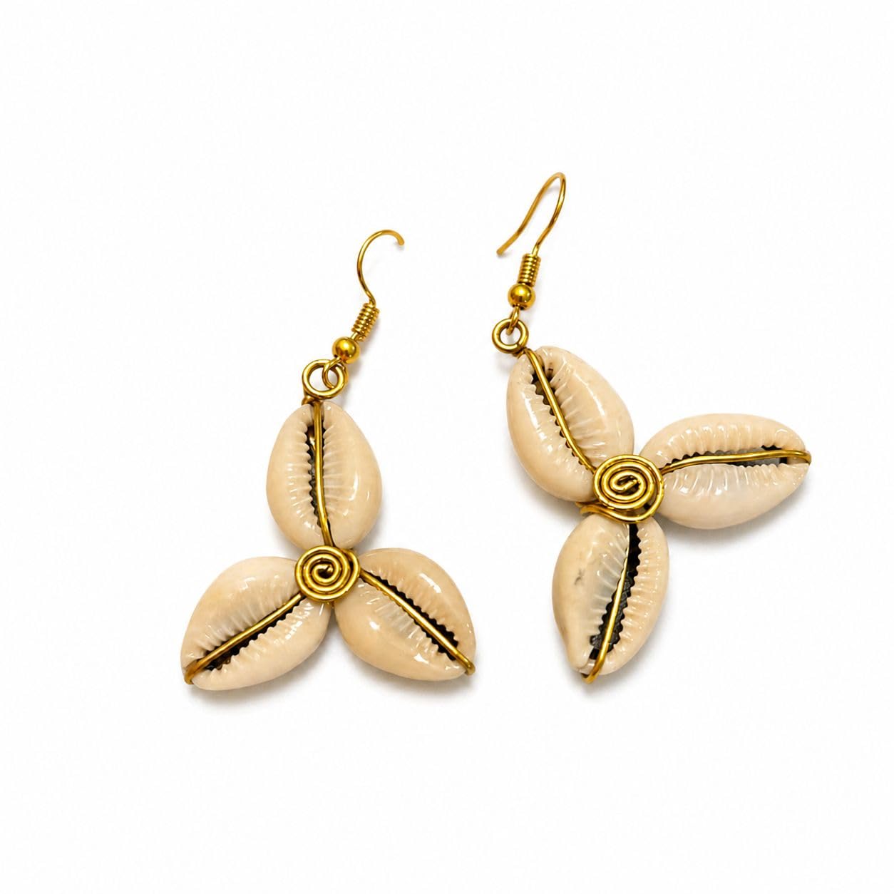 Boho Dangle Drop Earrings with Cowrie Shell and African Bead, Gold Wire Wrapped