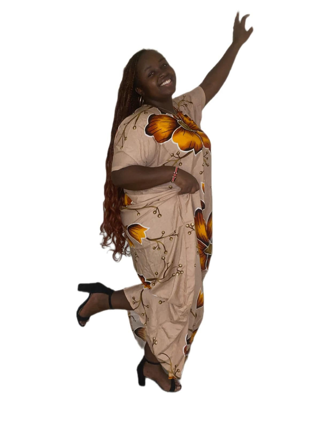 Women's African Print Maxi Dress, Beige with Orange Floral Pattern, Traditional Ethnic Style, Long Sleeve