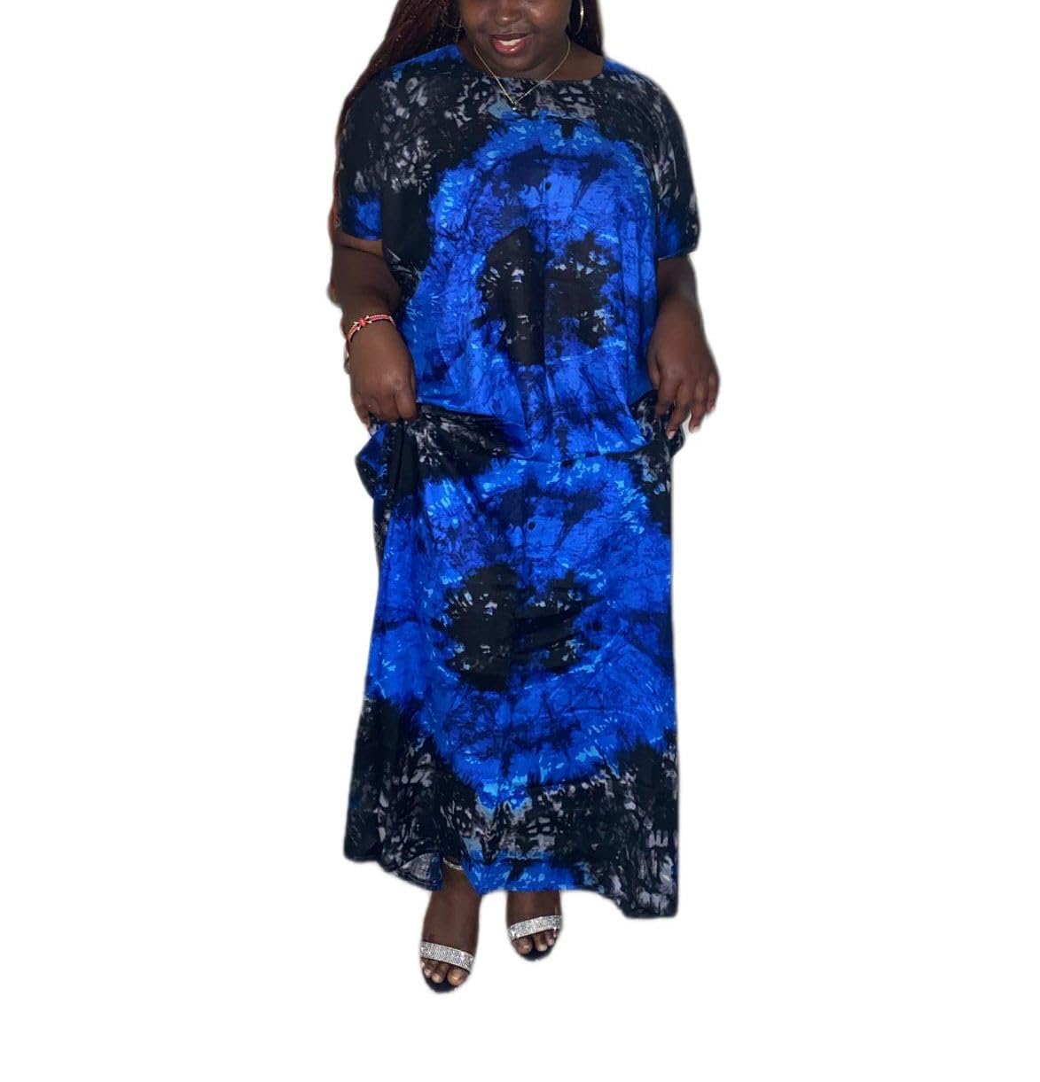 Women's African Dye Maxi Dera Dress, Blue Black Print, Short Sleeve, Loose Fit Dera Style
