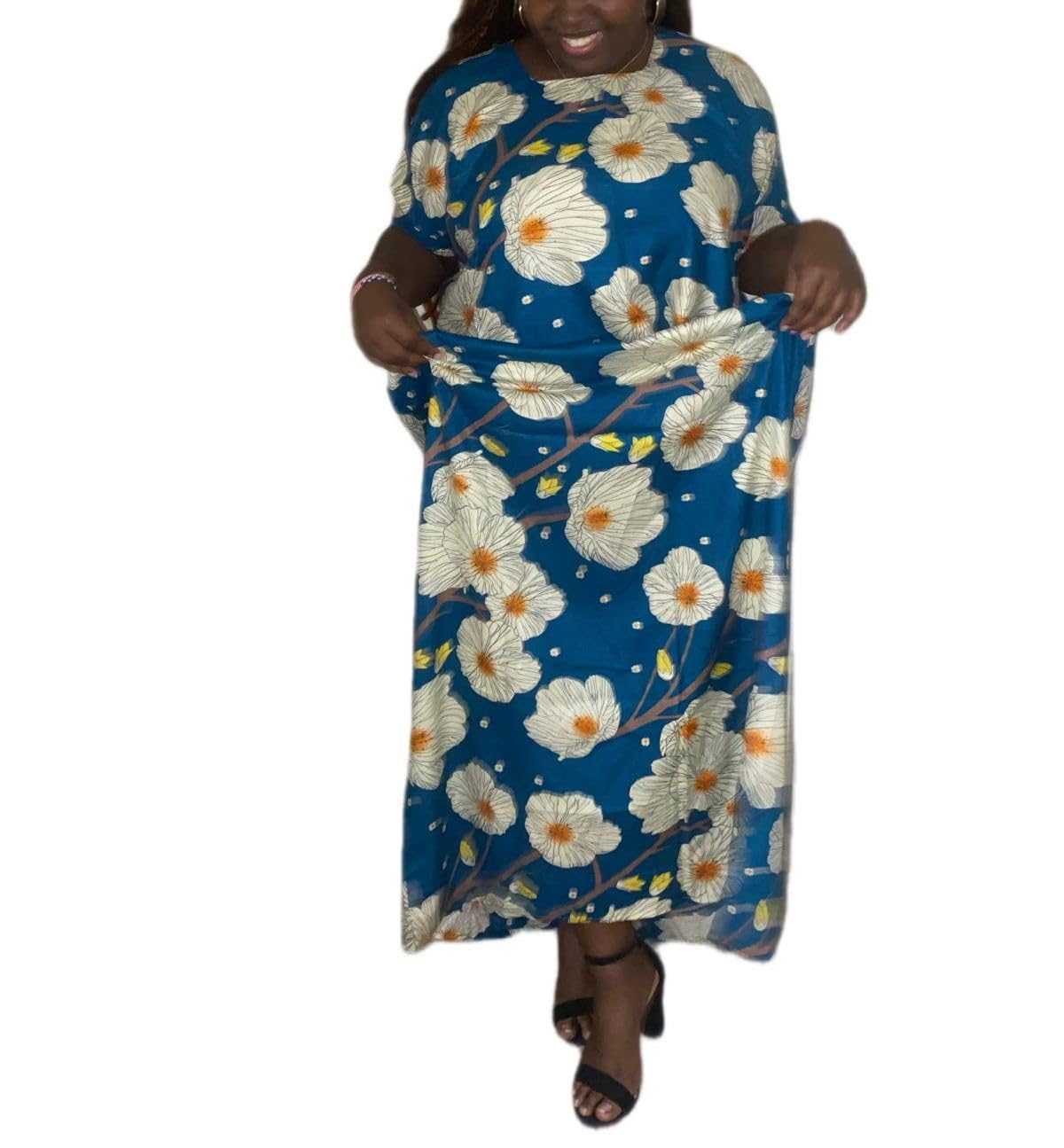 Women's African Maxi Dera Dress, Blue Floral Print, Short Sleeve Loose Fit.