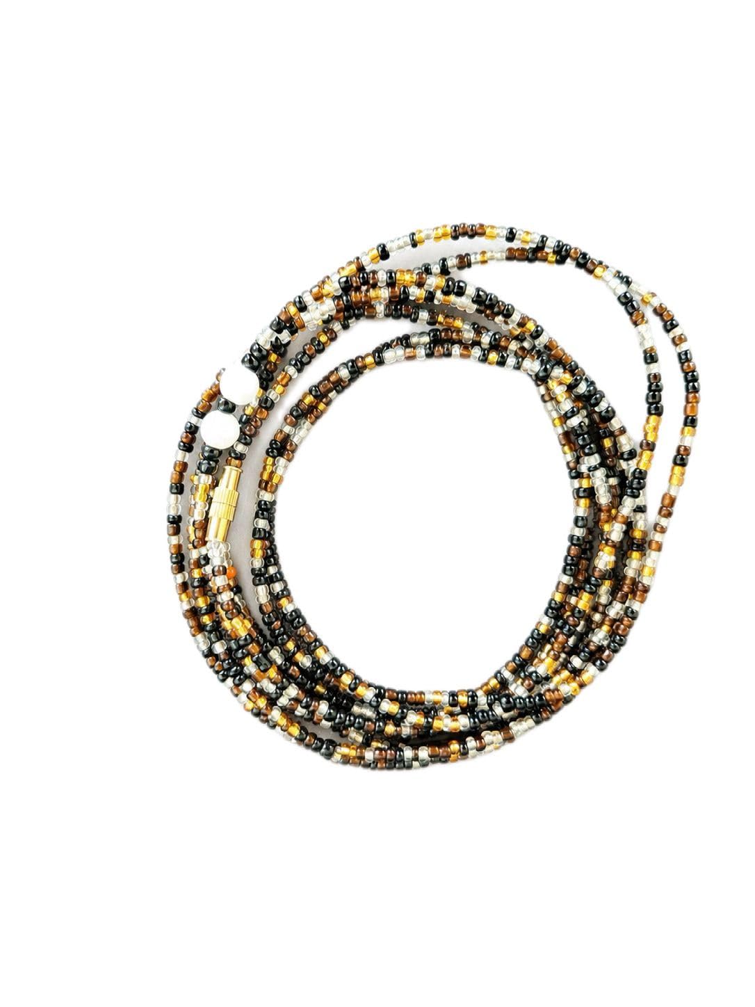 African Waist Beads, Turquoise Blue Seed Bead Belly Chain with Gold Tips and White Accent Beads (Black metallic sheen, One size fits most)