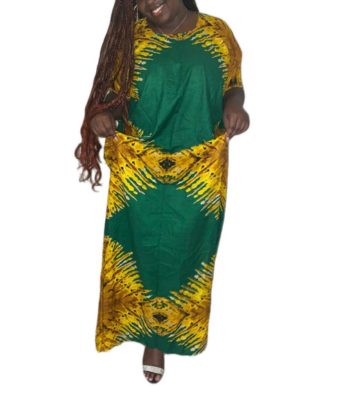 African Print Dera Dress, Green and Yellow Dashiki Pattern, Short Sleeve, Traditional Ethnic Style