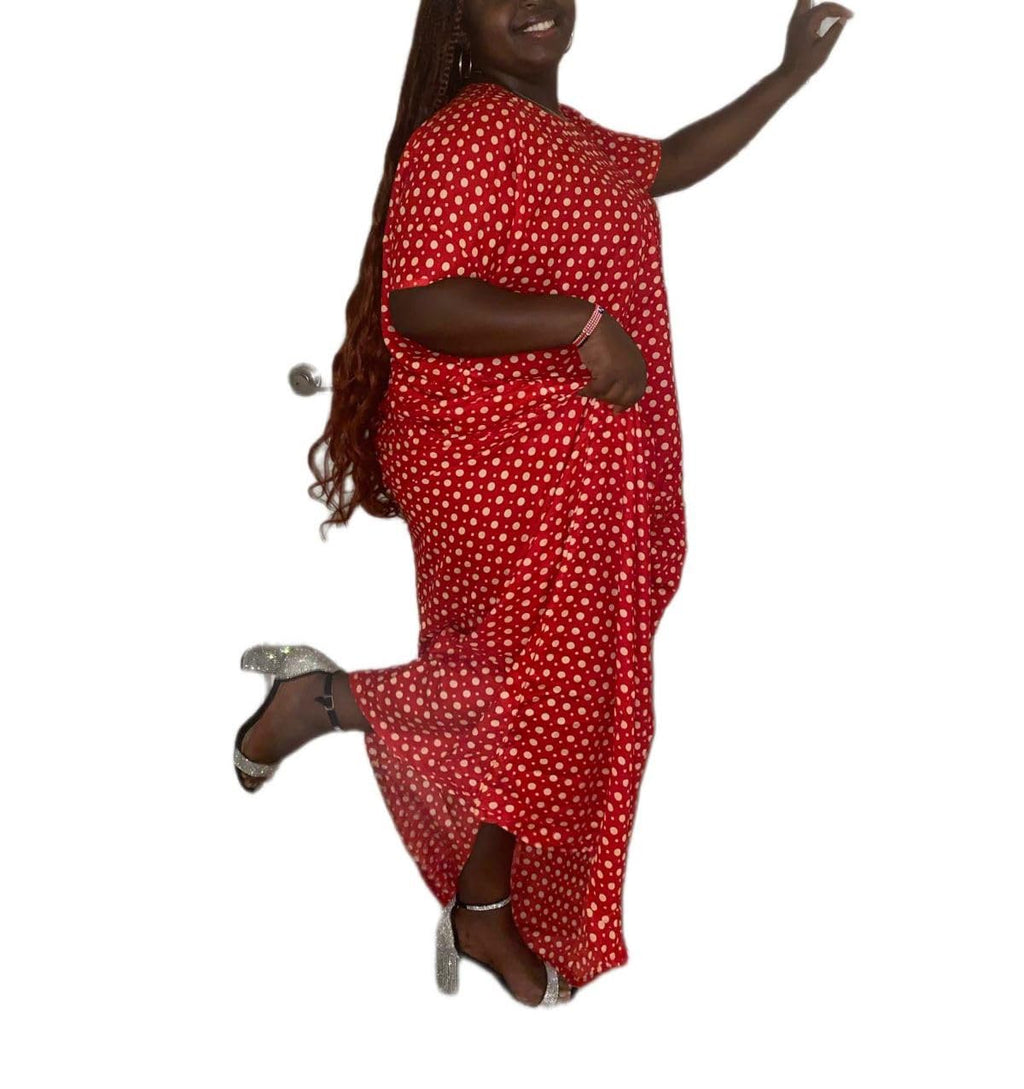 Red Polka Dot Maxi Dera Dress, Short Sleeve, Cutout Waist, Casual Long Dress
