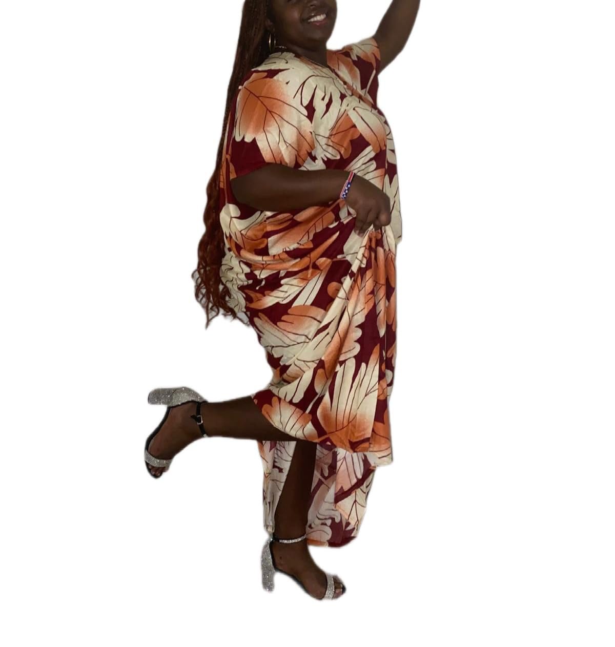 Women's Tropical Leaf Print Maxi Dress, Burgundy Brown, Short Sleeve, Casual Loungewear