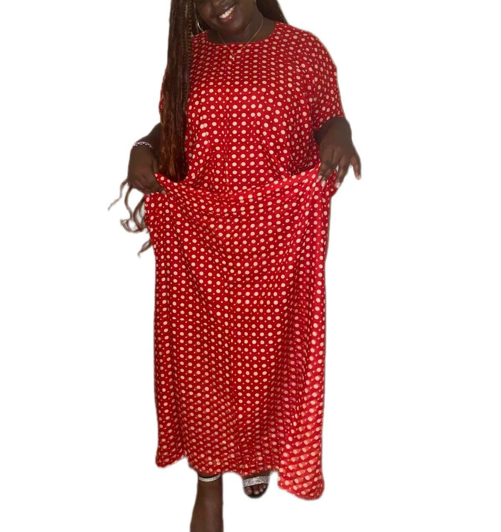 Red Polka Dot Maxi Dera Dress, Short Sleeve, Cutout Waist, Casual Long Dress
