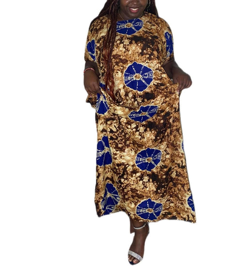 African Print Maxi Dress, Blue and Brown Batik Pattern, Short Sleeve, Loose Fit Kaftan Style