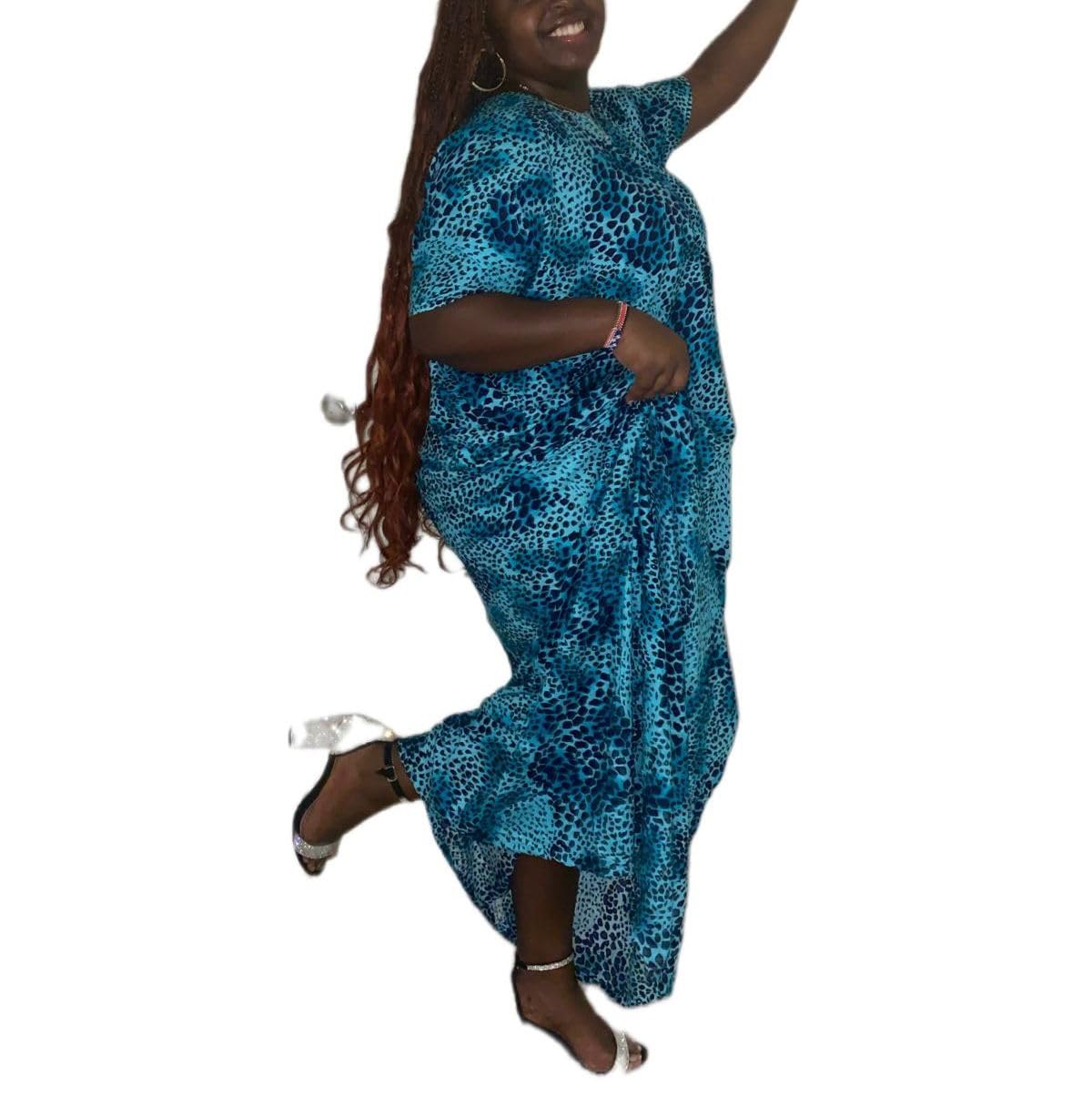 Women's African Maxi Dera Dress, Blue Leopard Print, Short Sleeve Long Dress