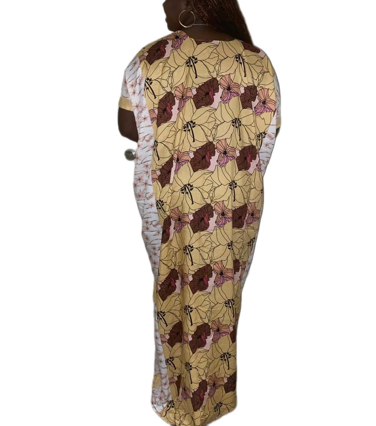 Women's Floral Print Maxi Dress, Yellow and Brown, Short Sleeve, Asymmetric Hem, Mixed Pattern Design
