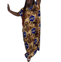 African Print Maxi Dress, Blue and Brown Batik Pattern, Short Sleeve, Loose Fit Kaftan Style