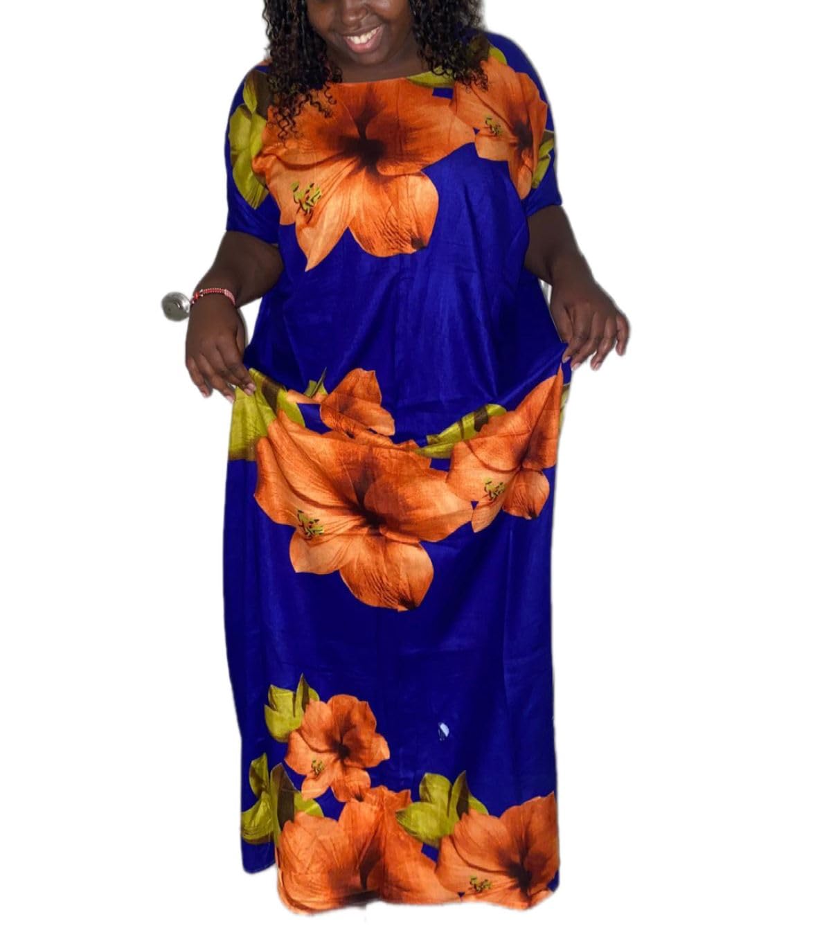 Women's Maxi Dress, Royal Blue with Orange Floral Print, Short Sleeve, Loose Fit, Casual Long Dress