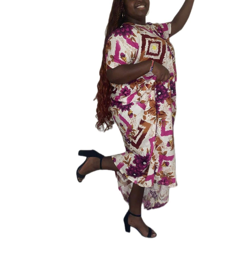 Women's Floral Print Maxi Dress, Purple and Brown Geometric Pattern, Short Sleeve, Loose Fit Kaftan Style