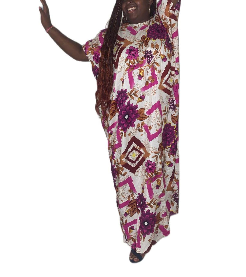 Women's Floral Print Maxi Dress, Purple and Brown Geometric Pattern, Short Sleeve, Loose Fit Kaftan Style