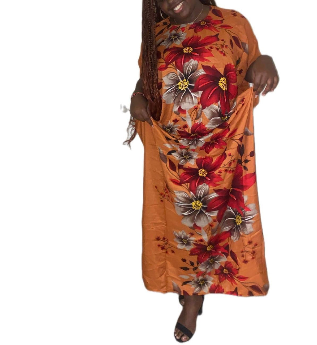 Women's Floral Print Maxi Dera Dress, Orange, Short Sleeve, Casual Long Dress, African Style