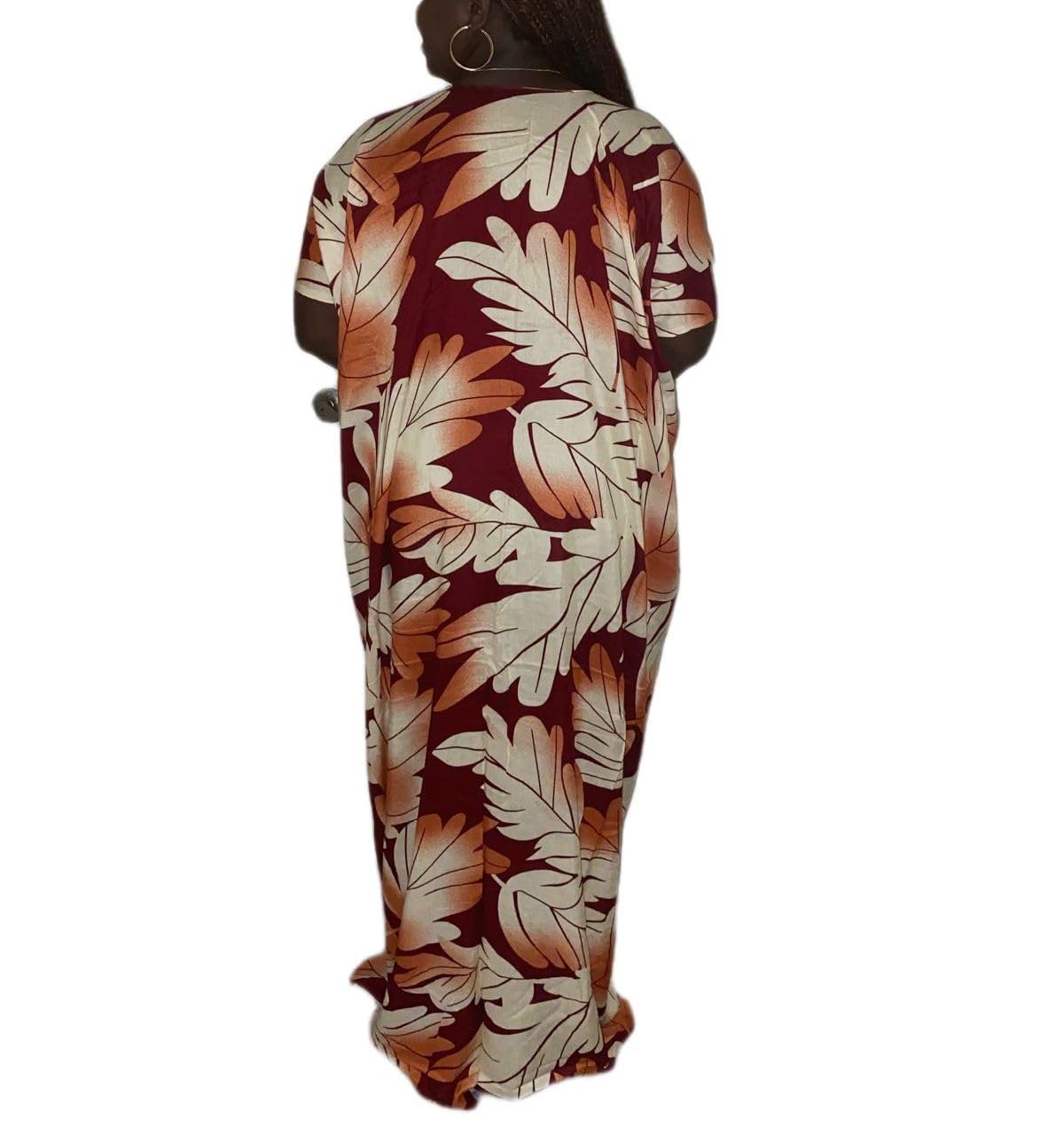 Women's Tropical Leaf Print Maxi Dress, Burgundy Brown, Short Sleeve, Casual Loungewear