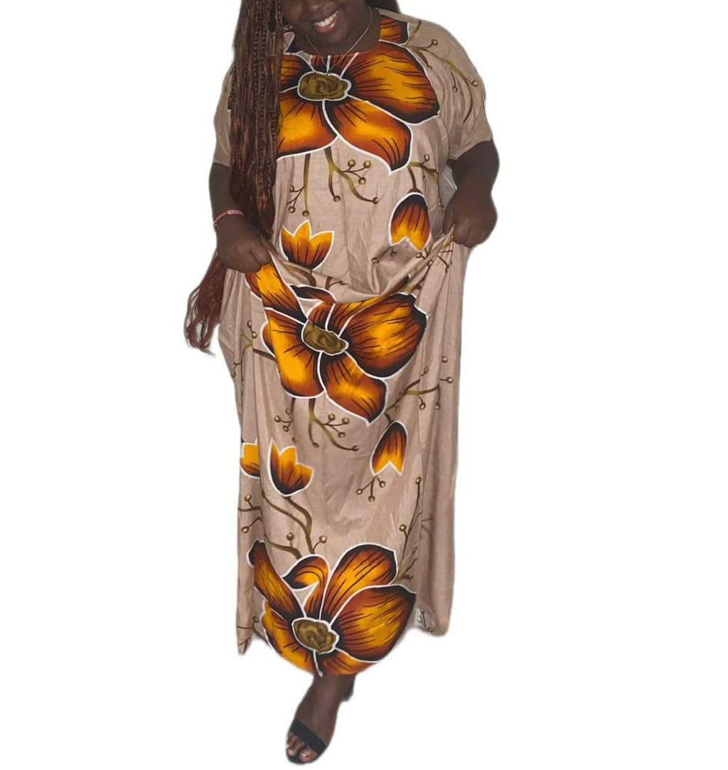 Women's African Print Maxi Dress, Beige with Orange Floral Pattern, Traditional Ethnic Style, Long Sleeve