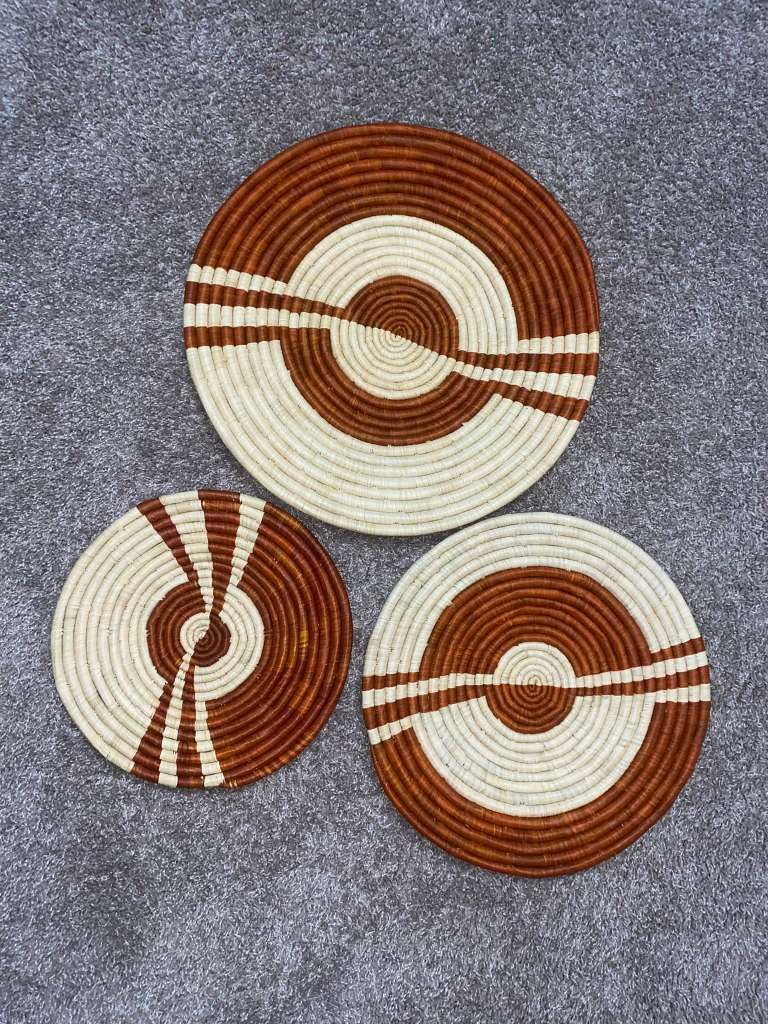 Handwoven Woven Basket Wall Decor Set, Brown and Cream, Geometric Pattern, Boho Style, Set of 3