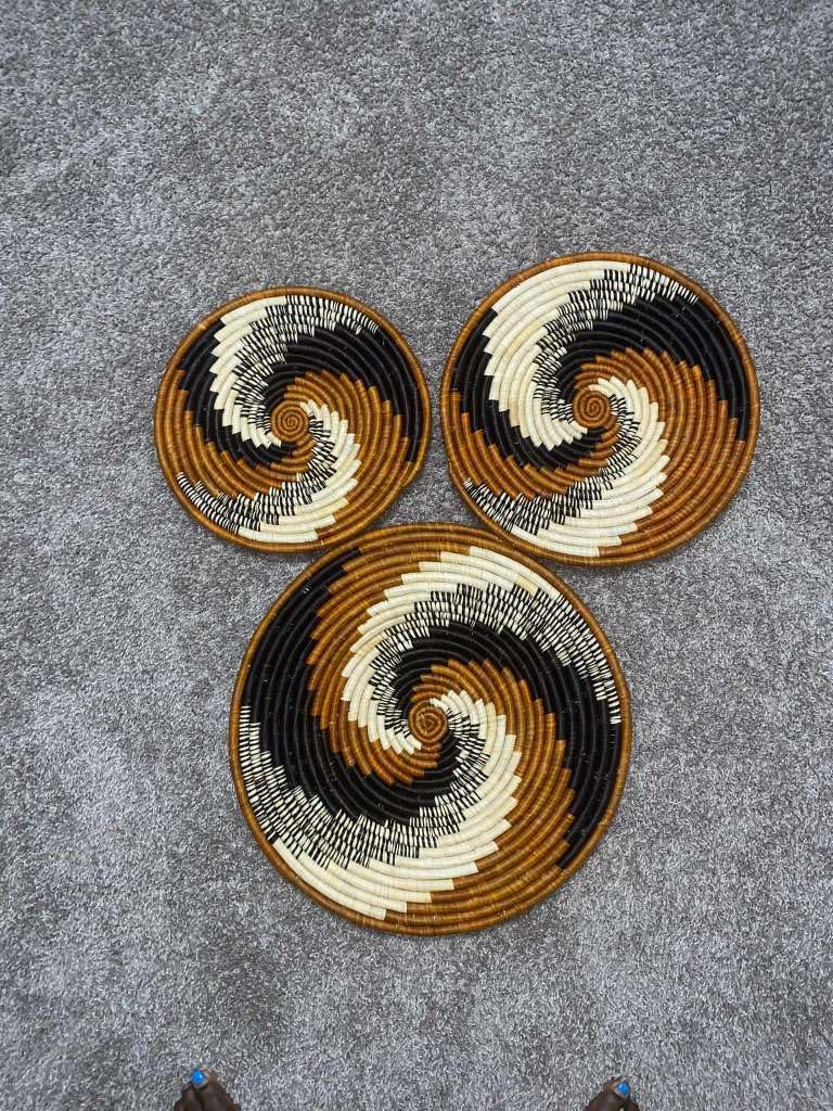Handwoven Woven Basket Set, Spiral Pattern, Black, Cream, Brown, Wall Decor, Set of 3