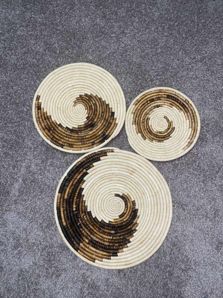 Handwoven Woven Basket Set, Natural and Brown, Spiral Pattern, Decorative Wall Decor, Set of 3