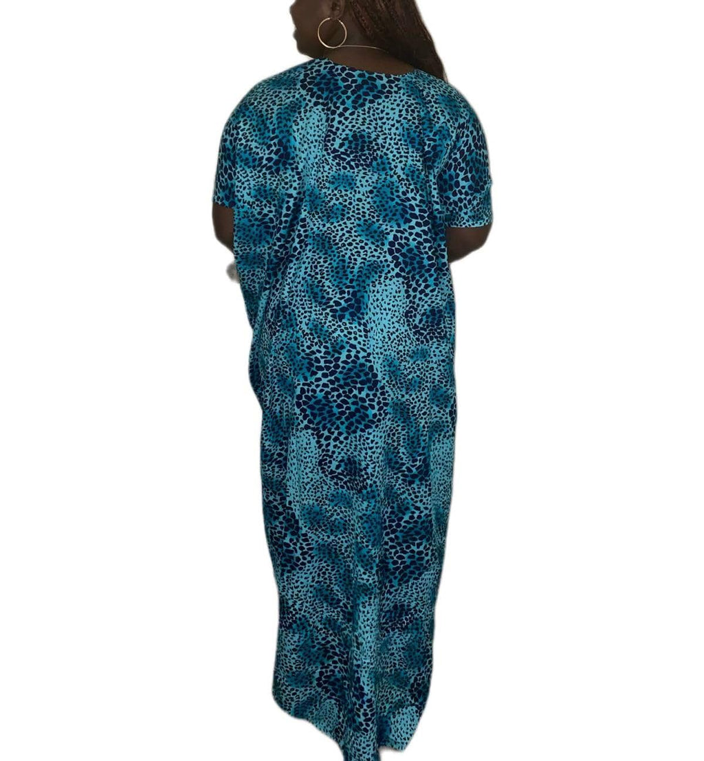 Women's African Maxi Dera Dress, Blue Leopard Print, Short Sleeve Long Dress
