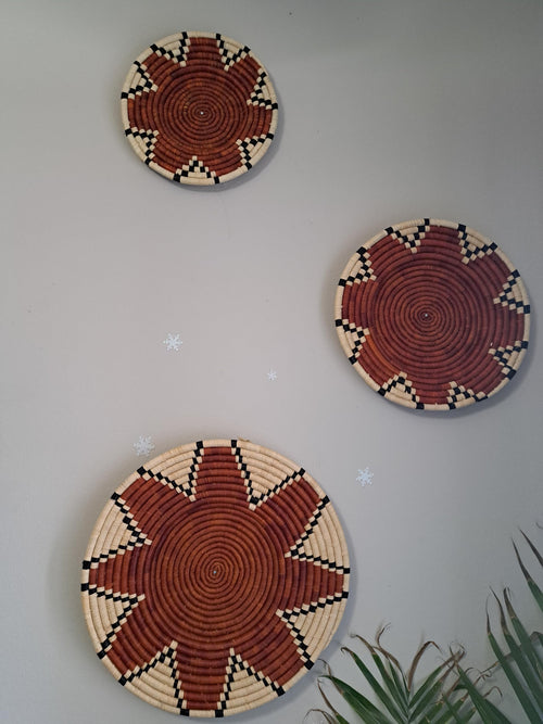 Handwoven African Wall Baskets, Black and Natural, Decorative Woven Wall Decor, Set of 3
