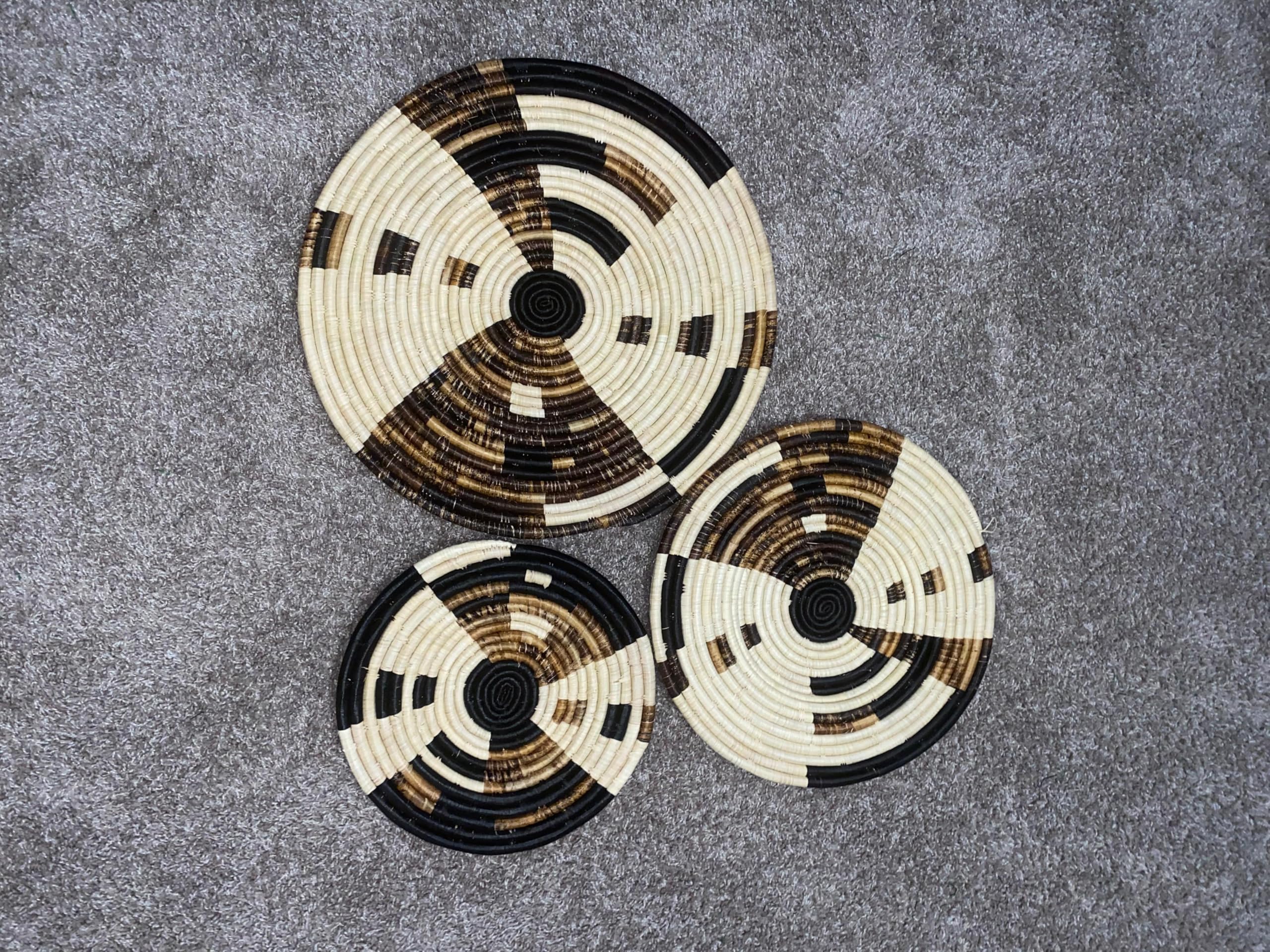 Handwoven Basket Set, Black and Natural, Geometric Pattern, Wall Decor, Set of 3, African Style