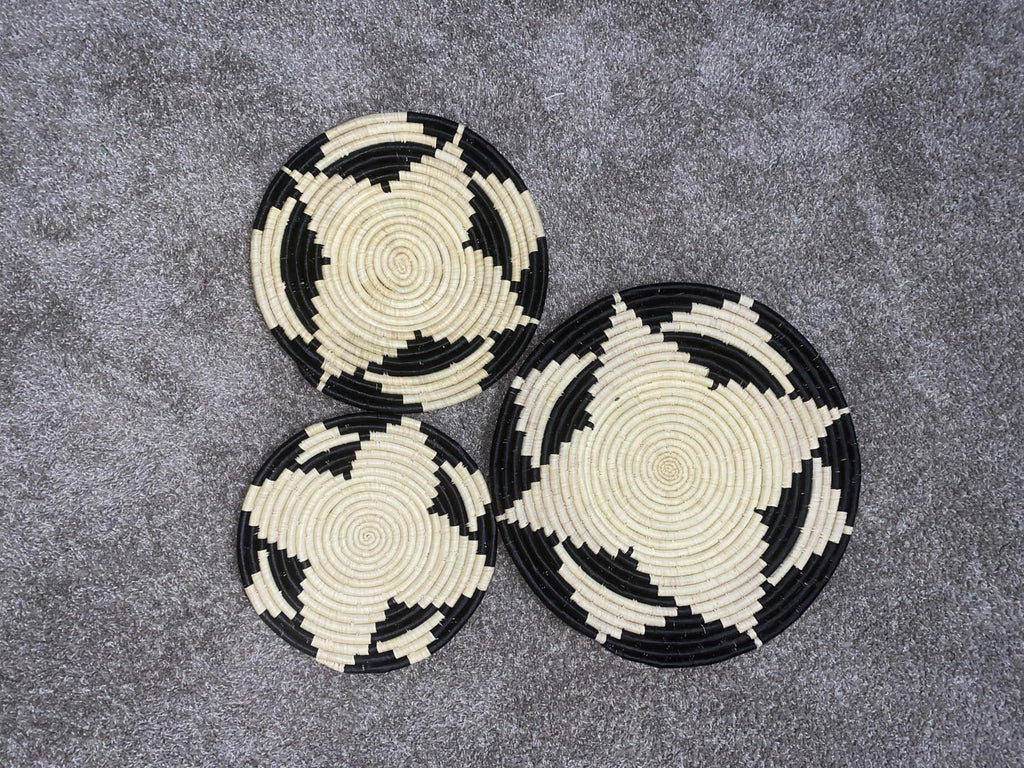 Handwoven African Wall Baskets, Black and Natural, Decorative Woven Wall Decor, Set of 3