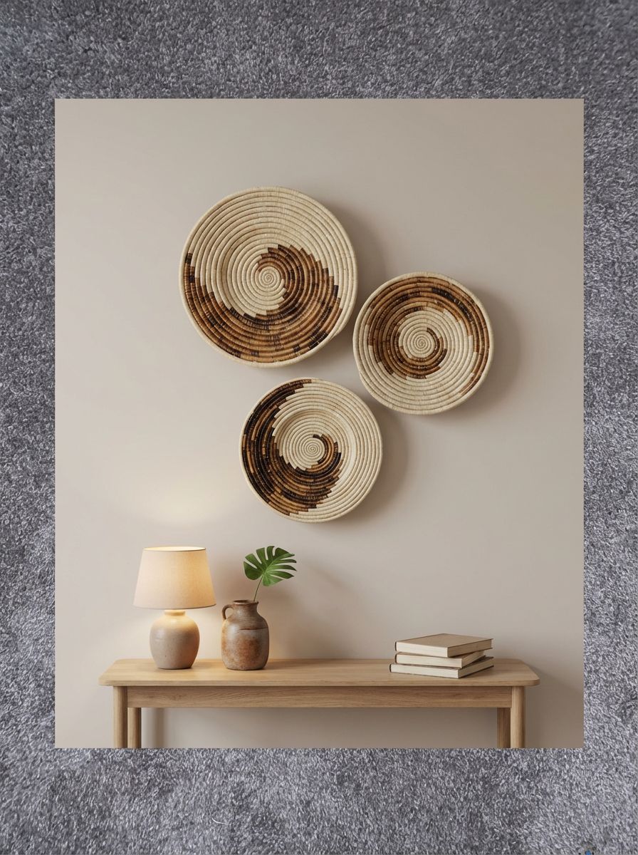 Handwoven Woven Basket Set, Natural and Brown, Spiral Pattern, Decorative Wall Decor, Set of 3