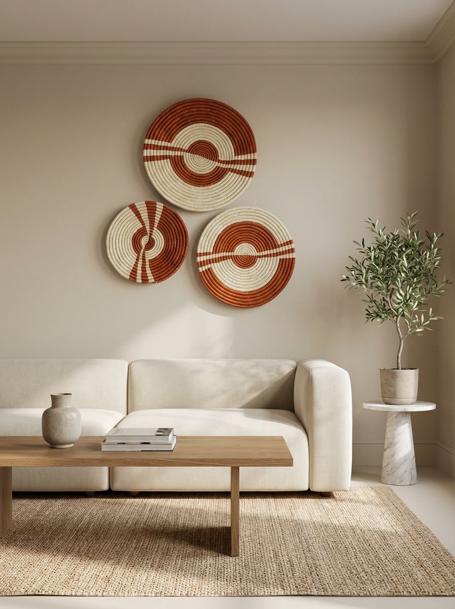 Handwoven Woven Basket Wall Decor Set, Brown and Cream, Geometric Pattern, Boho Style, Set of 3