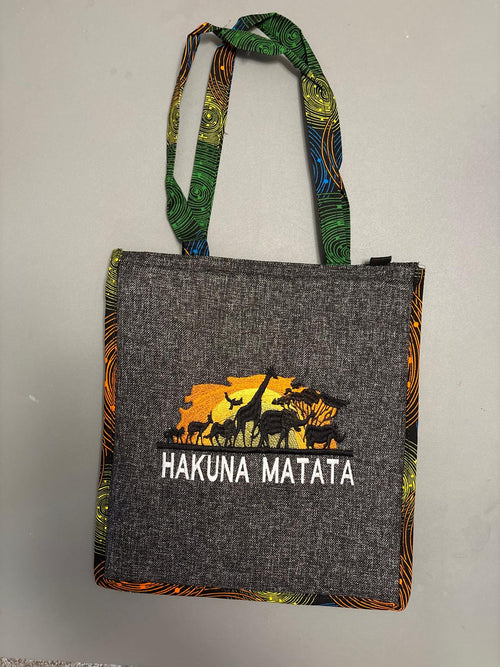 African Safari Tote Bag, African Safari Theme, Ankara Print Trim, Zippered, Shoulder Bag