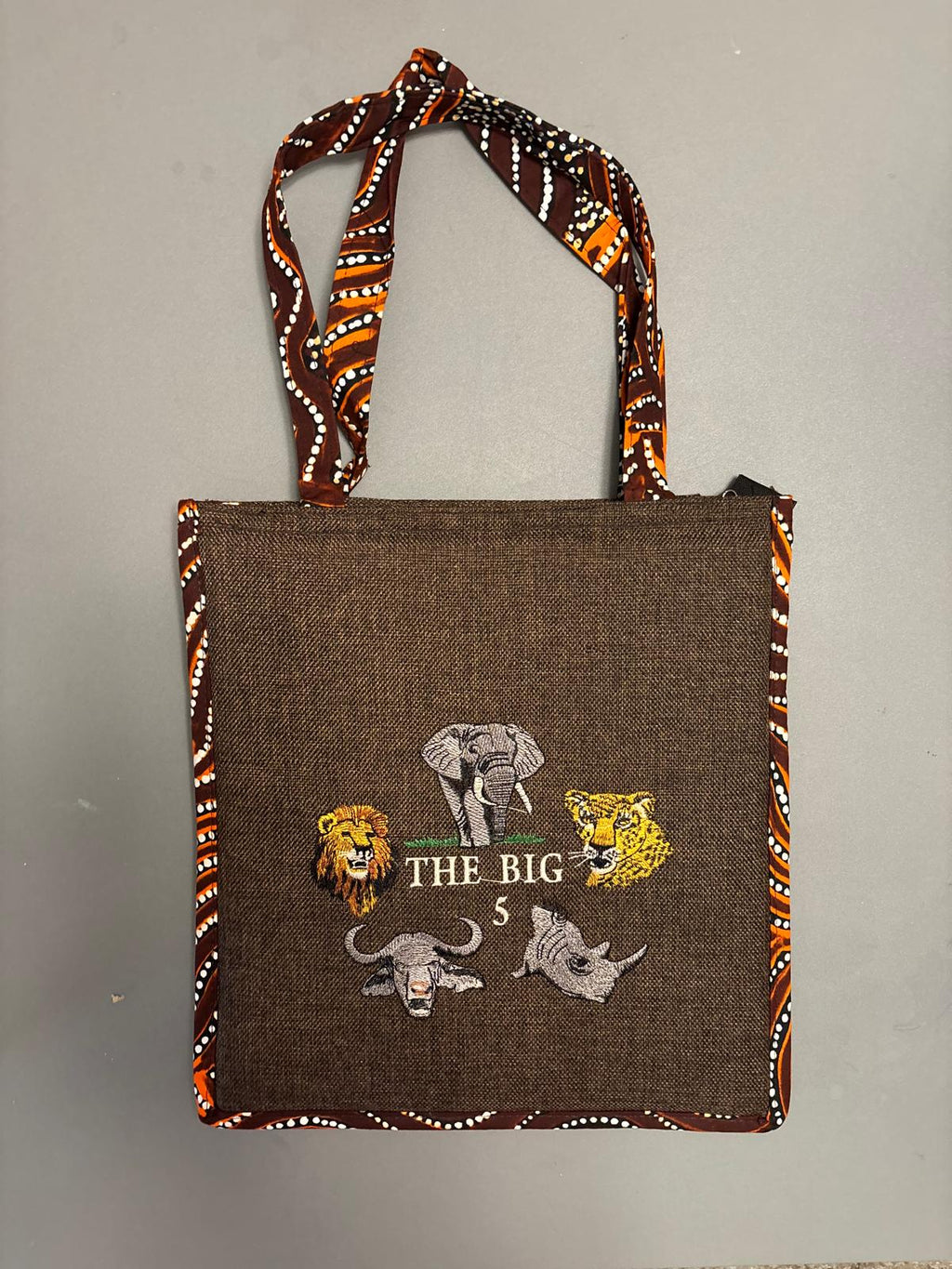 African Safari Tote Bag, The Big 5 Embroidered Design, Jute with Ankara Print Handles