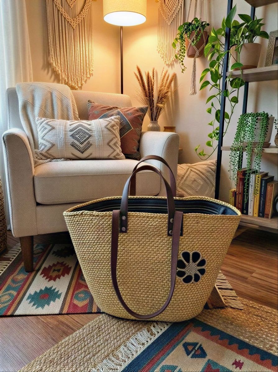 Handwoven Basket Tote Bag with Leather Handles, Beaded Flower Embellishment