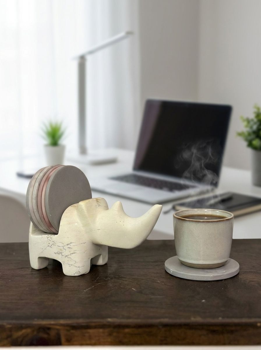 Rhino Shaped Coaster Holder with 6 Round Coasters